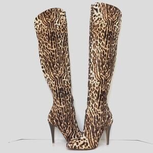 Valentino Rockstud Over the Knee Leopard Print Cowhair Stiletto Boots 40